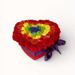 Heart-shaped box of multicolored roses and carnations with a purple ribbon