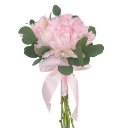 Pink peony bouquet with eucalyptus and a pink ribbon