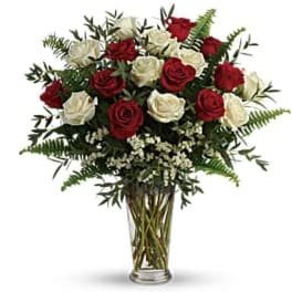 Red and white roses in a clear glass vase