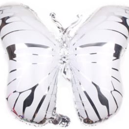 Silver butterfly-shaped foil balloon on a white background