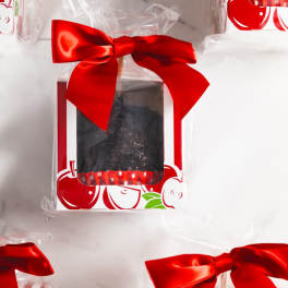 Wrapped gift box with a red bow and a dark treat inside