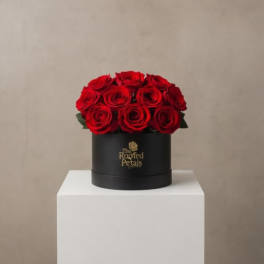 Red roses arranged in a black round box