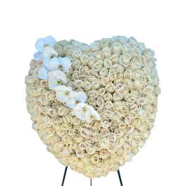 Heart-shaped arrangement of cream roses with white orchids on a stand