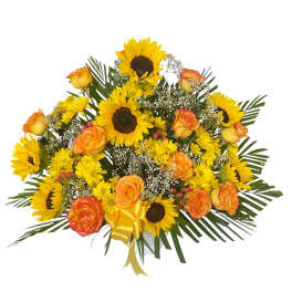 Bouquet of yellow sunflowers and orange roses with a yellow ribbon