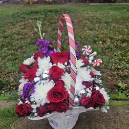 Basket of red roses and white daisies with candy cane decorations