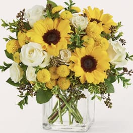 Yellow sunflowers and white roses in a clear glass vase