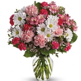 Pink and white mixed flowers in a clear glass vase