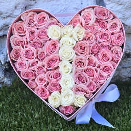 Heart-shaped box filled with pink and white roses and a ribbon bow
