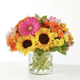 Bright mixed bouquet with sunflowers, gerbera daisies, and orange roses in a glass vase