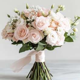 Blush and white rose bouquet tied with a pale ribbon