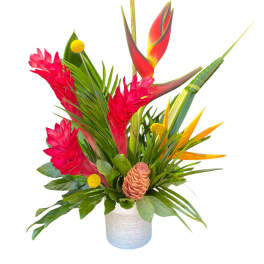 Tropical arrangement with red ginger, bird of paradise, and a white vase