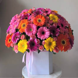 Large bouquet of pink, purple, yellow, and orange gerbera daisies in a white box