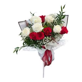 Bouquet of red and white roses with baby's breath and ribbon wrap