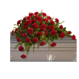 Red carnation spray on a gray casket