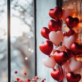 Pink rose bouquet beside red and white heart balloons and gift boxes