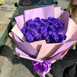 Bouquet of purple roses wrapped in pink and lavender paper