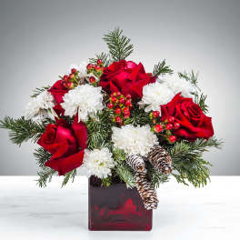 Red roses and white mums in a red glass vase with pinecones