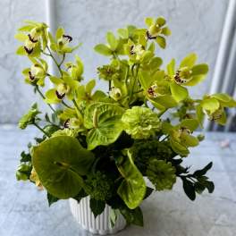 Green orchid and anthurium arrangement in a white ribbed vase