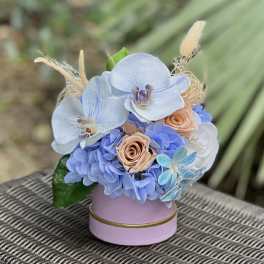 Blue hydrangeas and orchids arranged in a pink round box