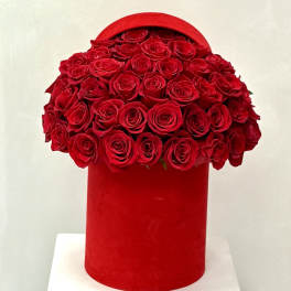 Red roses arranged in a round red hat box