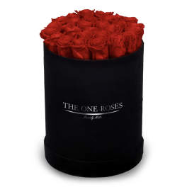 Red roses arranged in a black round box
