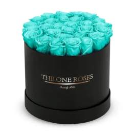 Round box of turquoise roses with a black base