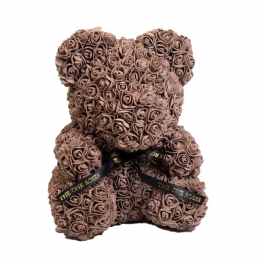 Teddy bear made of brown roses with a black ribbon