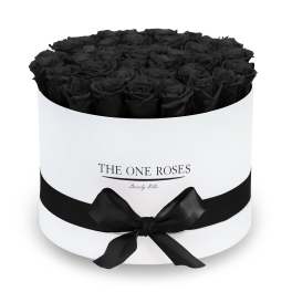Black roses in a white round box with a black ribbon