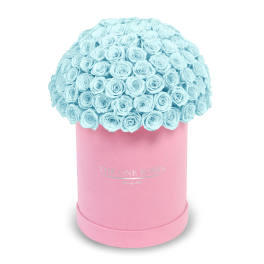 Blue rose bouquet in a pink round box
