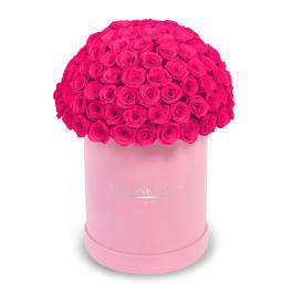 Hot pink roses arranged in a round pink hat box