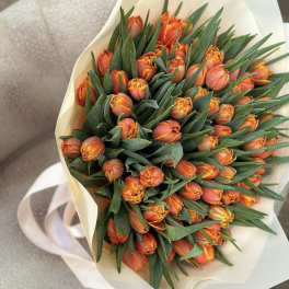 Bouquet of orange tulips wrapped in cream paper