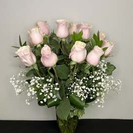 Dozen Pink Roses With Babies Breath by Chasing Petals
