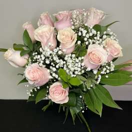 Wrapped Bouquet of Dozen Pink Roses by Chasing Petals