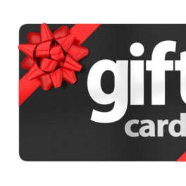 Black gift card with a red bow and ribbon