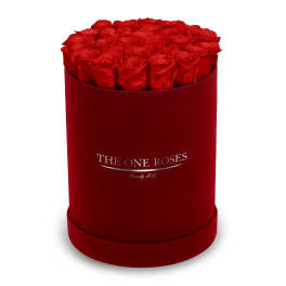 Red roses arranged in a round red box