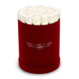 White roses in a red round box