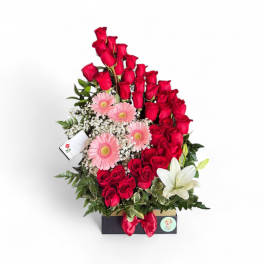Red roses with pink gerberas and a white lily in a gift box