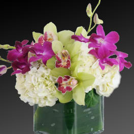 Purple orchids and white hydrangeas in a glass vase