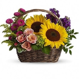 Basket arrangement with sunflowers, pink roses, and purple flowers