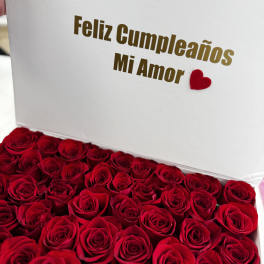 Box of red roses with a "Feliz Cumpleaños Mi Amor" message