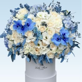 Round hatbox arrangement of cream roses, white lisianthus, blue orchids, and blue hydrangeas.