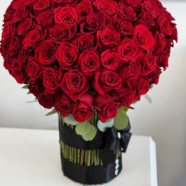 Large bouquet of red roses in a black wrap