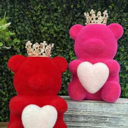 Two plush teddy bears with crowns and heart patches, one red and one pink