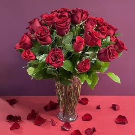 Red roses arranged in a clear glass vase with scattered petals