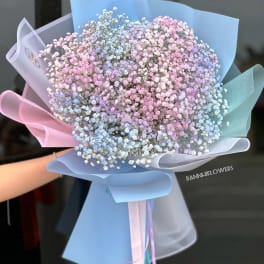 Pastel pink, blue, and white baby’s breath bouquet wrapped in layered pastel blue and pink paper