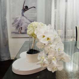 White orchids and pale hydrangea in a clear vase on a table