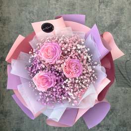 Pink roses with baby's breath wrapped in pastel paper