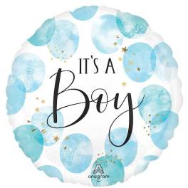 Round balloon with blue polka dots and the words It's a Boy
