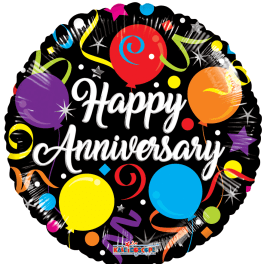 Round balloon with "Happy Anniversary" text and colorful confetti graphics