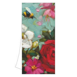Painterly floral greeting card with red, pink, and white flowers and a bee on a blue background